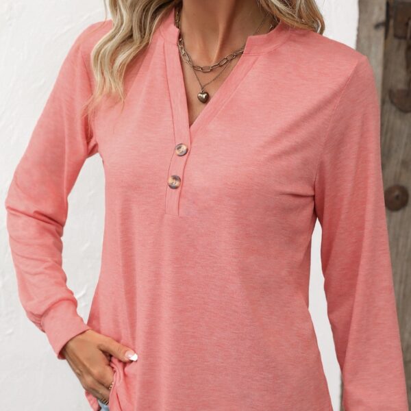 Ladies' Fashion New Button Peach Red Open Neck T-shirt Casual Top - Image 5