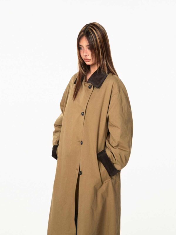 Loose Casual Mid-length Color Contrast Patchwork Lapel Trench Coat - Image 4