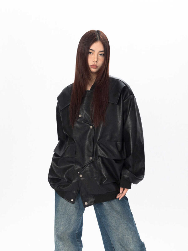 Three-dimensional Pocket Irregular Placket Leather Coat Loose Top - Image 3