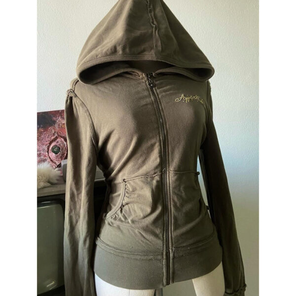 Autumn American Style Vintage Design Olive Green Hooded Printed Sweater - Image 3