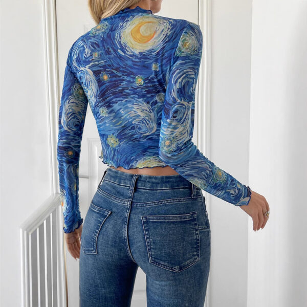 Blue Printed Small Stand Collar Starry Sky Mesh Short T-shirt - Image 5