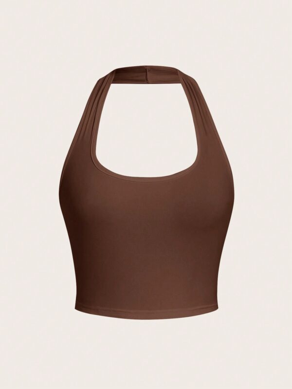 Solid Color Cropped Halter Neck Slim Fit Tank Top For Women - Image 3
