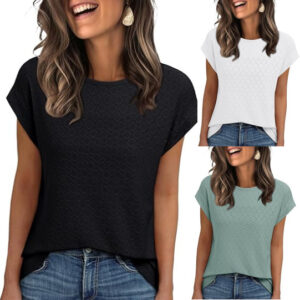 Women Top Eyelet Cap Sleeve Summer Jacquard Round Neck Short Sleeve