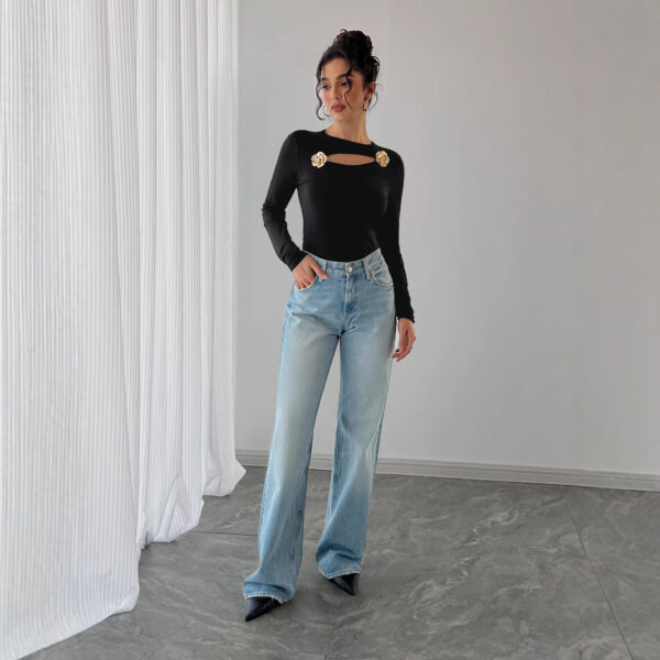 Women Hollow Rose Metal Decorative Black Tight Long Sleeve T-shirt - Image 2