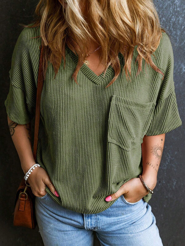 Fashionable Two-tone Pullover Short Sleeve V-neck Top For Women - Image 10