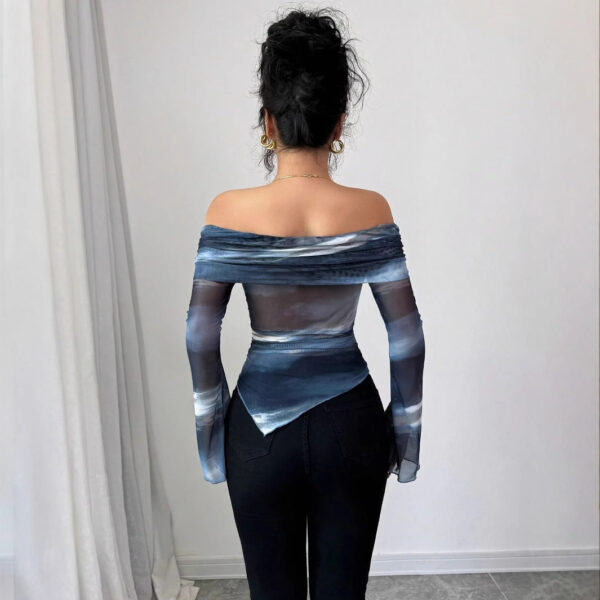 Knitted Mesh Printed Off-shoulder Collar Long Sleeved Fitted T-shirt - Image 5