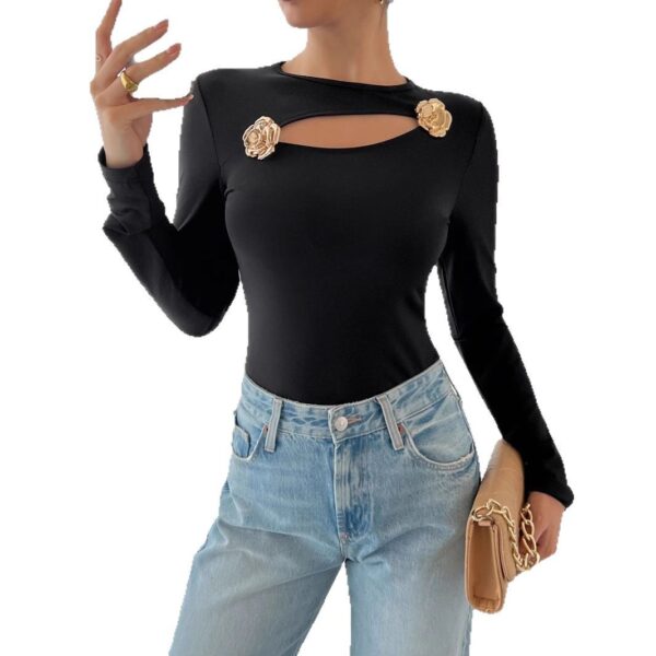 Women Hollow Rose Metal Decorative Black Tight Long Sleeve T-shirt - Image 6