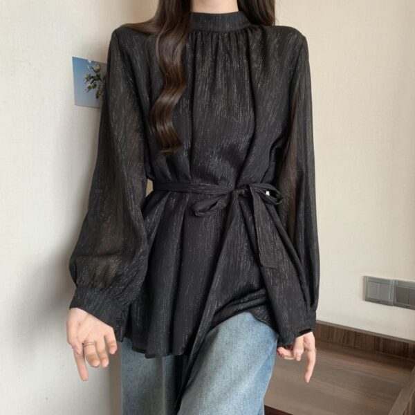 Design Lace-up Waisted Long-sleeved Shirt Women - Image 3