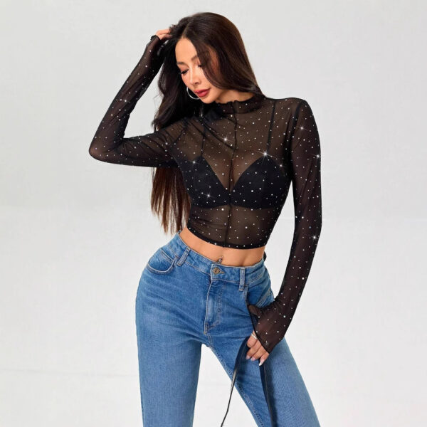 Stand-up Collar Long-sleeved Mesh Transparent Sequined Decorative T-shirt Top - Image 6