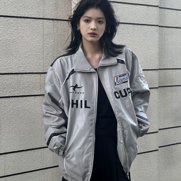 Loose American Couple Embroidered Motorcycle PU Jacket - Image 6