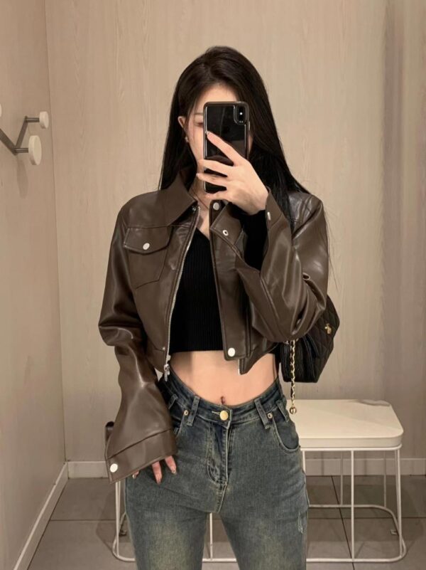 American Retro Sweet Cool Hot Girl Style Coffee Color Leather Coat Motorcycle Jacket Top - Image 10