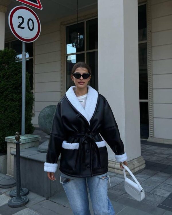 Leather And Fur Korean Style Long Sleeve Splicing Coat Women - Image 9