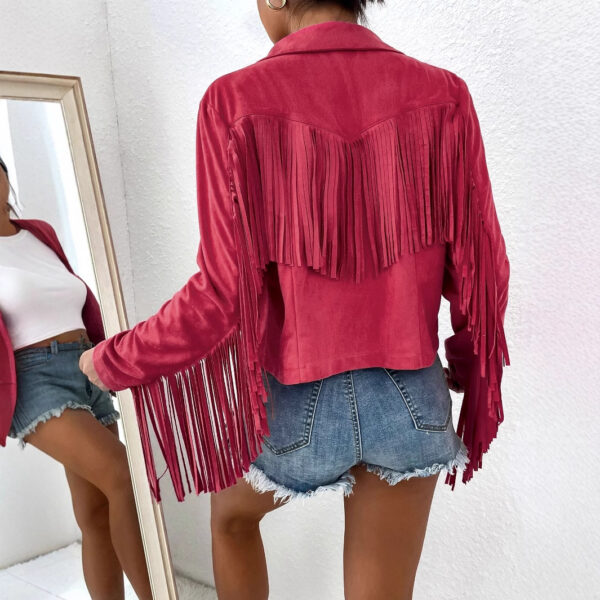 Spring And Autumn Women's V-neck Long Sleeve Fringe Jacket Solid Color Loose Short Coat - Image 4