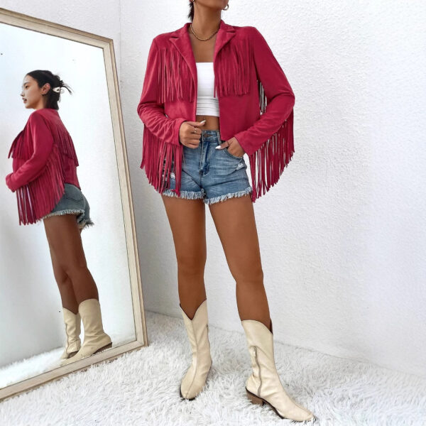 Spring And Autumn Women's V-neck Long Sleeve Fringe Jacket Solid Color Loose Short Coat - Image 5