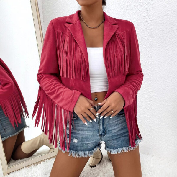 Spring And Autumn Women's V-neck Long Sleeve Fringe Jacket Solid Color Loose Short Coat - Image 6