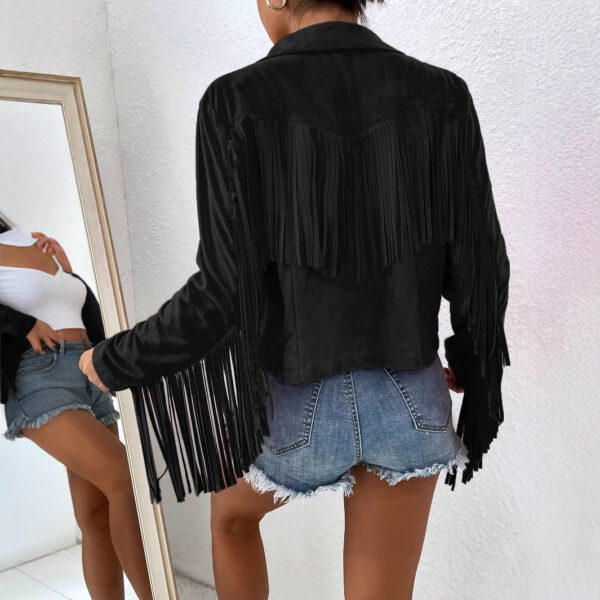 Spring And Autumn Women's V-neck Long Sleeve Fringe Jacket Solid Color Loose Short Coat - Image 8