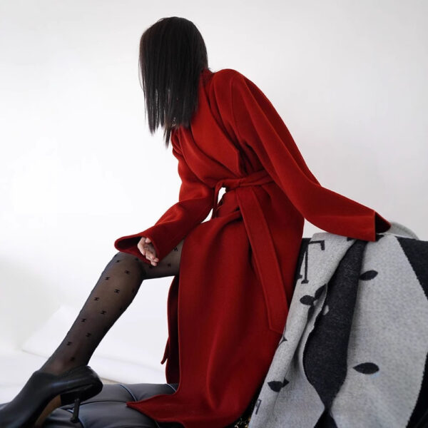 Handmade Red Wool Mid-length Cashmere Coat - Image 7