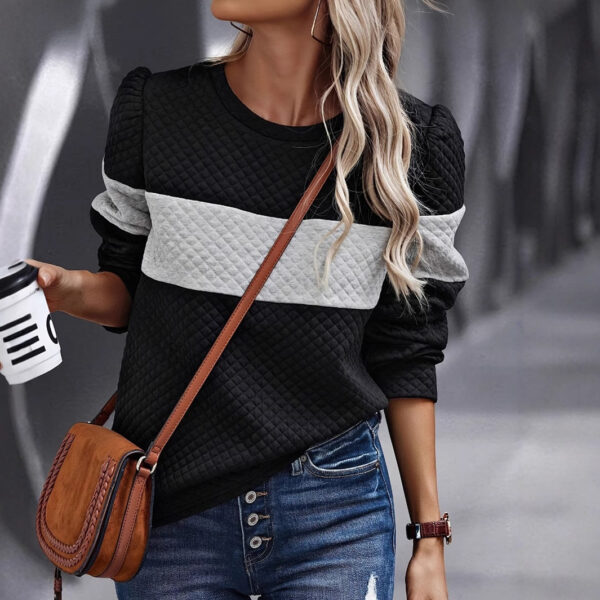 Women's Spring And Autumn Leisure Loose Color Contrast Round Neck Long Sleeve Texture Hoodie - Image 3