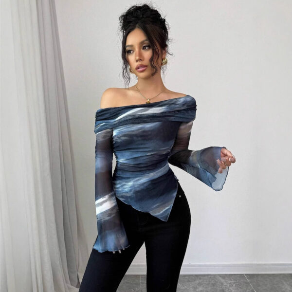 Knitted Mesh Printed Off-shoulder Collar Long Sleeved Fitted T-shirt - Image 4