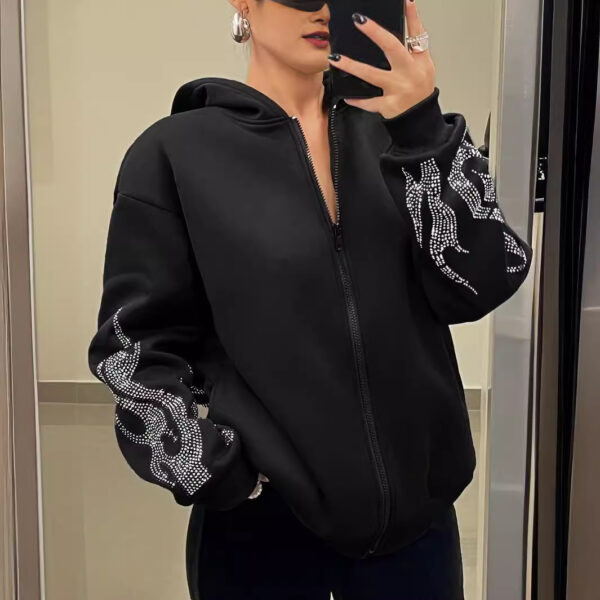 Street Trend Flame Rhinestone Loose Zip Hooded Sweater - Image 3