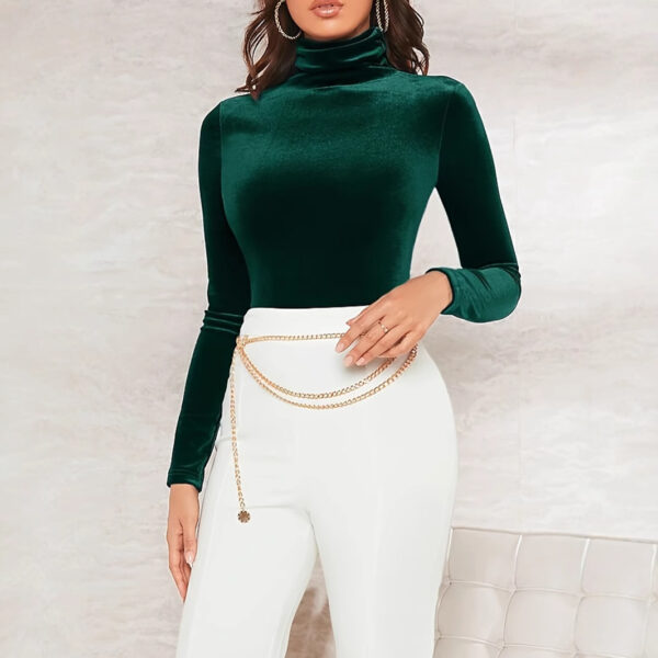 Women's Velvet Turtleneck Top Solid Color Long Sleeve Elegant Slim T-shirt - Image 3