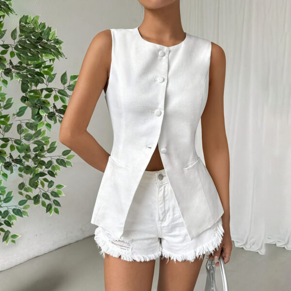 Sleeveless Button Round Neck Elegant Vest - Image 4