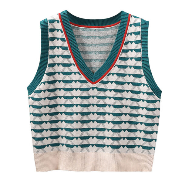Retro Contrast Color Jacquard Ins Knitted Vest For Women - Image 2