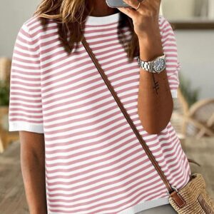 Women's Round Neck Striped Contrast Color Short Sleeve Casual