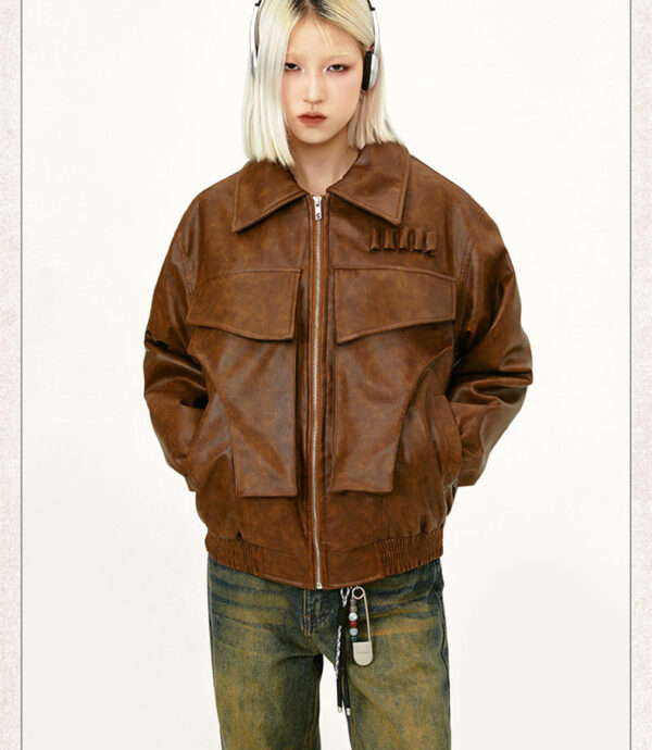 American Street Retro Large Pocket Lapels PU Leather Coat - Image 2