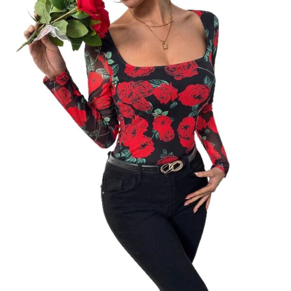 Romantic Rose Flower Mesh Printed Sexy U-neck T-shirt - Image 6