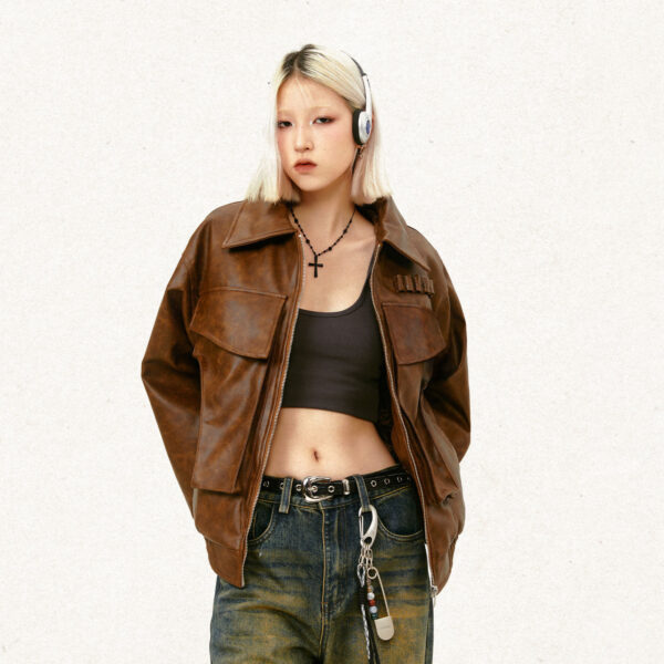 American Street Retro Large Pocket Lapels PU Leather Coat - Image 6