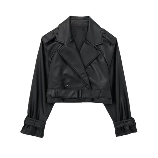 Autumn New European And American Leisure Imitation Leather Loose Short Trench Coat - Image 5