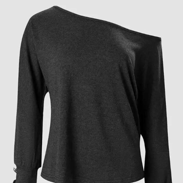 Women's Fashion New Off Shoulder Button Long Sleeved Casual Top T-shirt - Image 3
