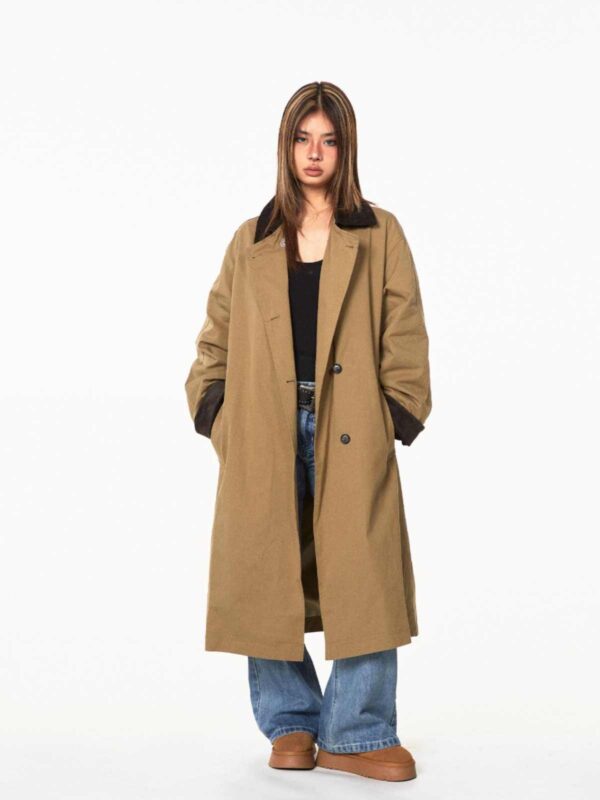 Loose Casual Mid-length Color Contrast Patchwork Lapel Trench Coat - Image 5
