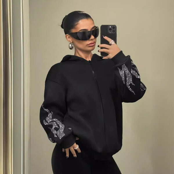 Street Trend Flame Rhinestone Loose Zip Hooded Sweater - Image 2