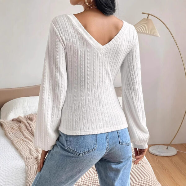 Women's Spring And Autumn Solid Color Bishop Sleeve V-neck Long Sleeve T-shirt - Image 5