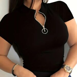 Women's V-Neck Zip-Up Short Sleeve T-Shirt
