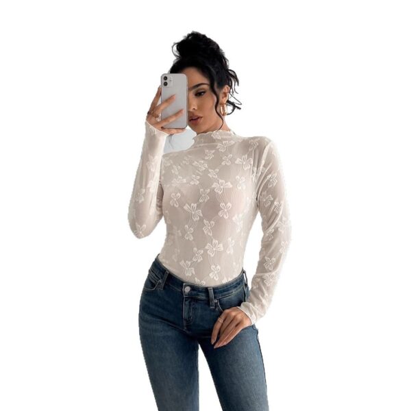 Butterfly Jacquard Mesh Slim Fit Stand-up Collar Long-sleeved - Image 4
