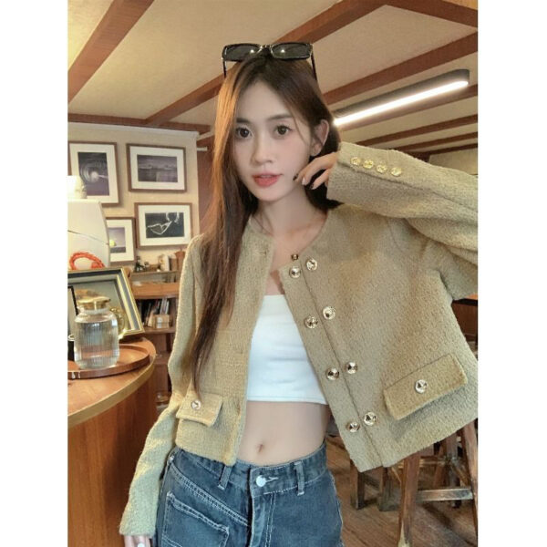Apricot Round Neck All-matching Fashion French Style Short Coat - Image 4