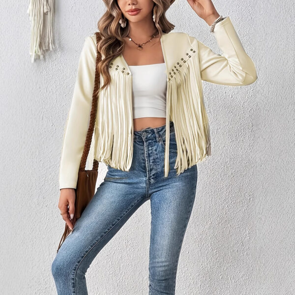 Women's Elegant Solid Color Tassel Trimmed Front Open Jacket Jacket - Image 4