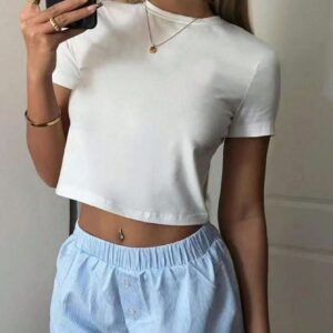 Women Solid Casual Minimalist Workout Shirt Slim Fit Short Sleeve Sports Tees Gym Athletic Tops Summer