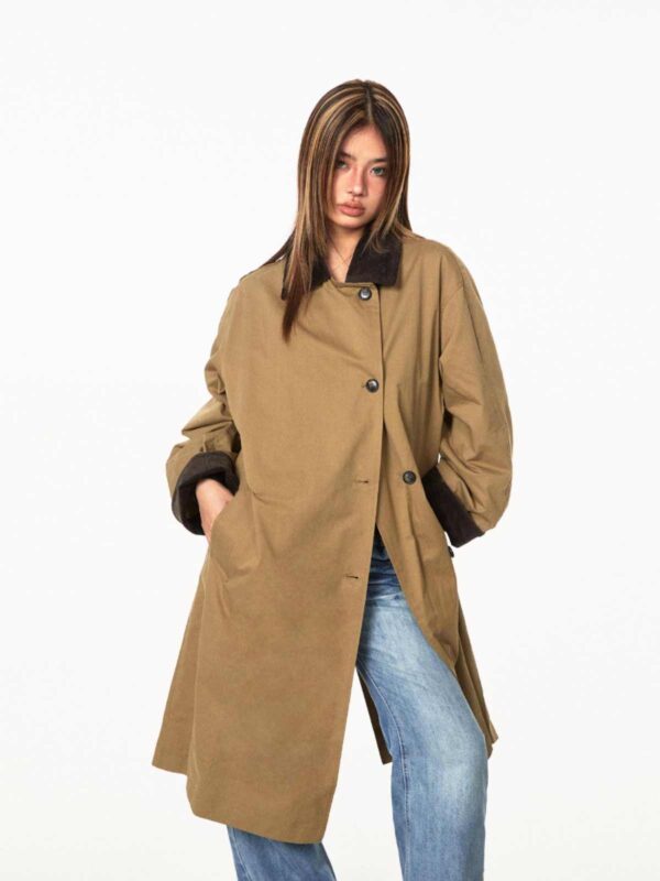 Loose Casual Mid-length Color Contrast Patchwork Lapel Trench Coat - Image 2