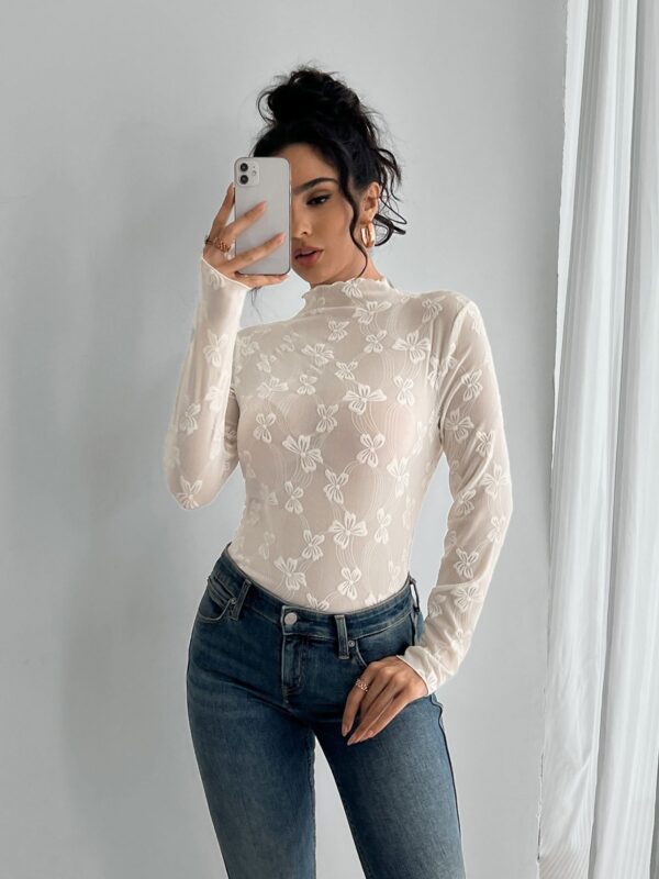Butterfly Jacquard Mesh Slim Fit Stand-up Collar Long-sleeved - Image 3