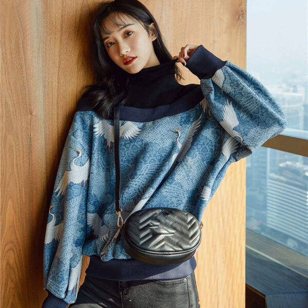 Women's Fashion Stitching Crane Print Sweater - Image 5