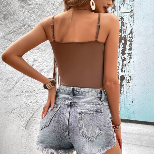Women's Summer Tassel Camisole Tight V-neck Solid Color Top - Image 6