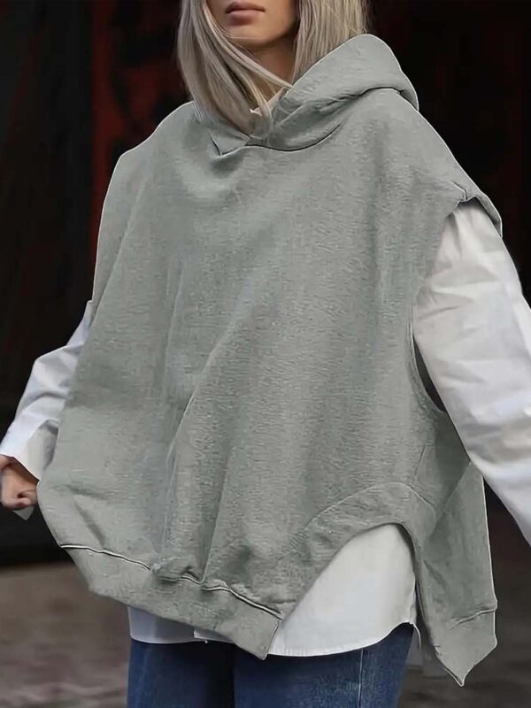 Women's Solid Color Style Loose Sleeveless Hooded Jacket Sweater - Image 3