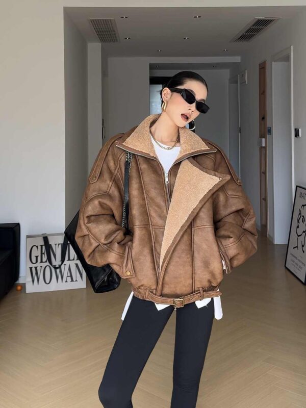 Retro Motorcycle Clothing Lapel With Velvet Thickened Fur Jacket - Image 2