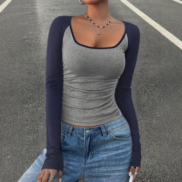 Women's Casual Color Matching Square Collar Long Sleeve T-shirt Spring And Autumn Women's Top - Image 2