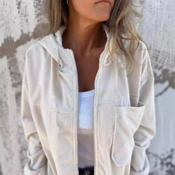 Women's Solid Color Simple Corduroy Hooded Jacket - Image 4
