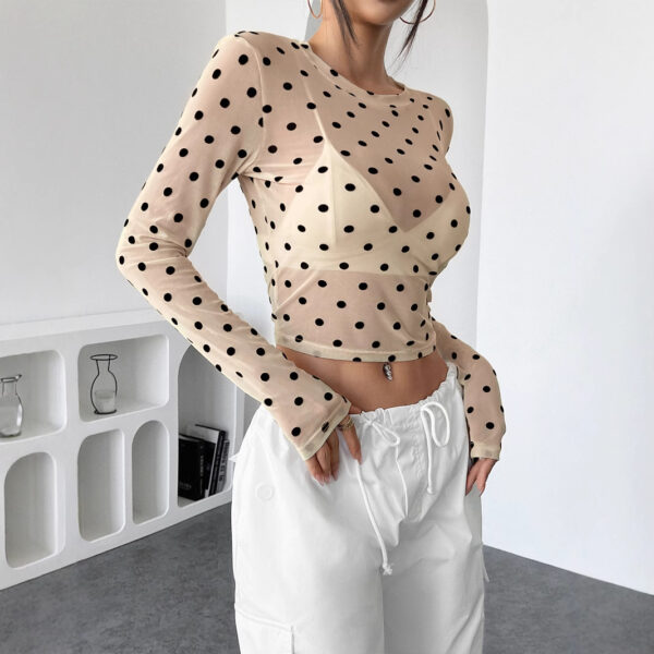 Design Sense See-through Dot Slim Mesh Round Neck Long Sleeve T-shirt - Image 2